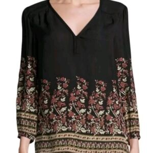 NWOT Joie Riva Caviar Black & Rose Floral Silk Split Seam Sheer Tunic Blouse XS